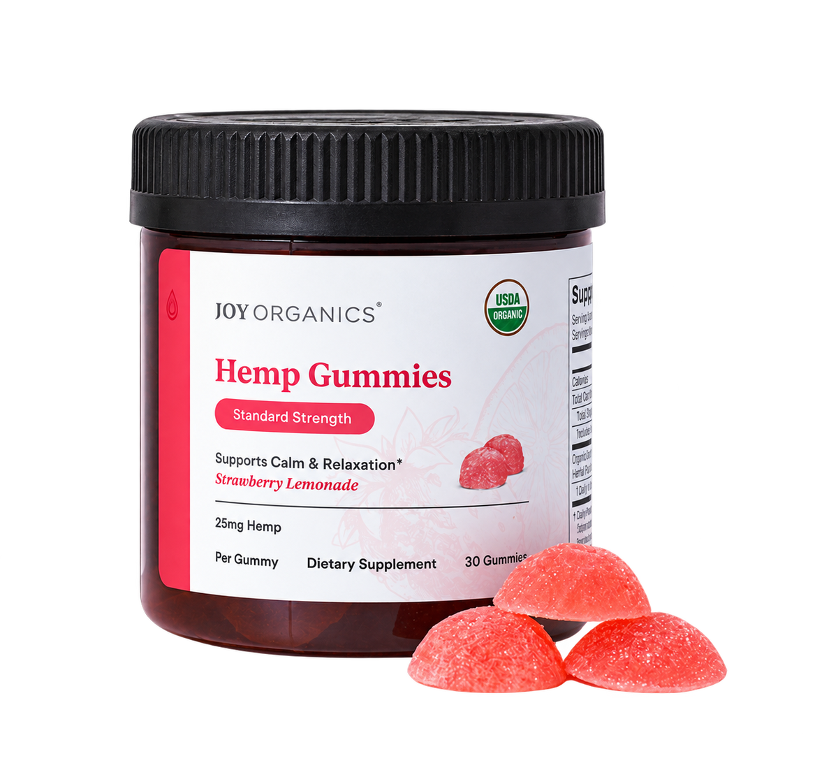 Jar of pink strawberry lemonade hemp gummies with black screw cap, three gummies displayed in front.