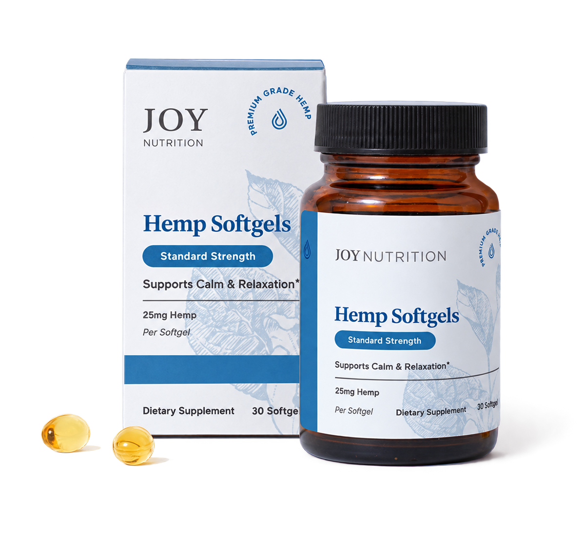 Joy Nutrition Hemp Softgels box and amber glass bottle with black cap, containing 30 softgels of 25mg hemp standard strength.