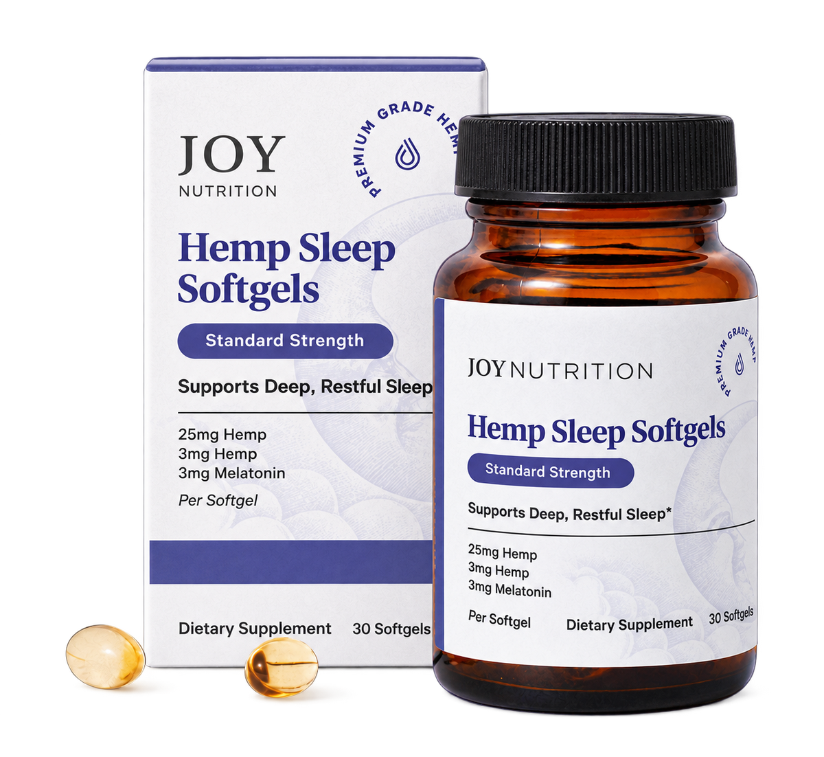 Joy Nutrition Hemp Sleep Softgels box and amber glass bottle with black cap, containing 30 softgels.